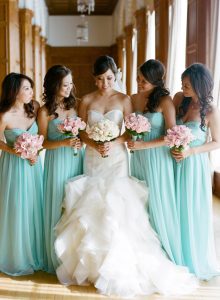 tiffany-blue-bridesmaids-with-pink-bouquets.-pretty-wedding-dress-too-love-this-color-scheme-and-the-dresses